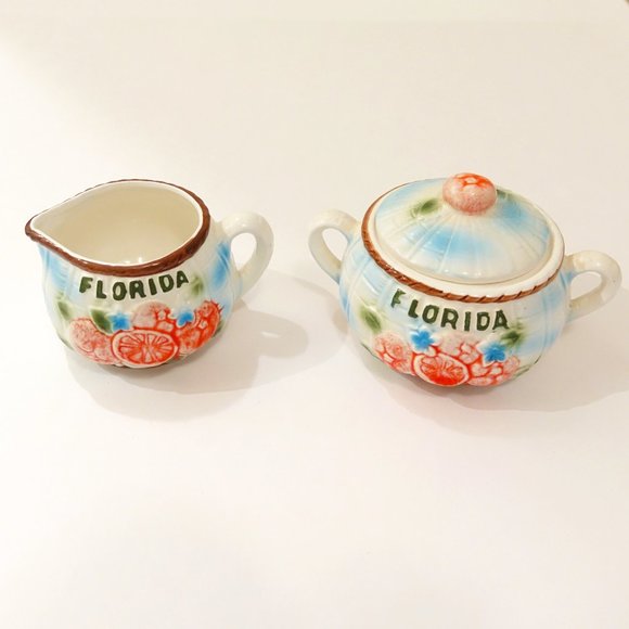 Florida Oranges 3D with blue flowers Creamer and Sugar Bowl with Lid Set - Picture 1 of 6